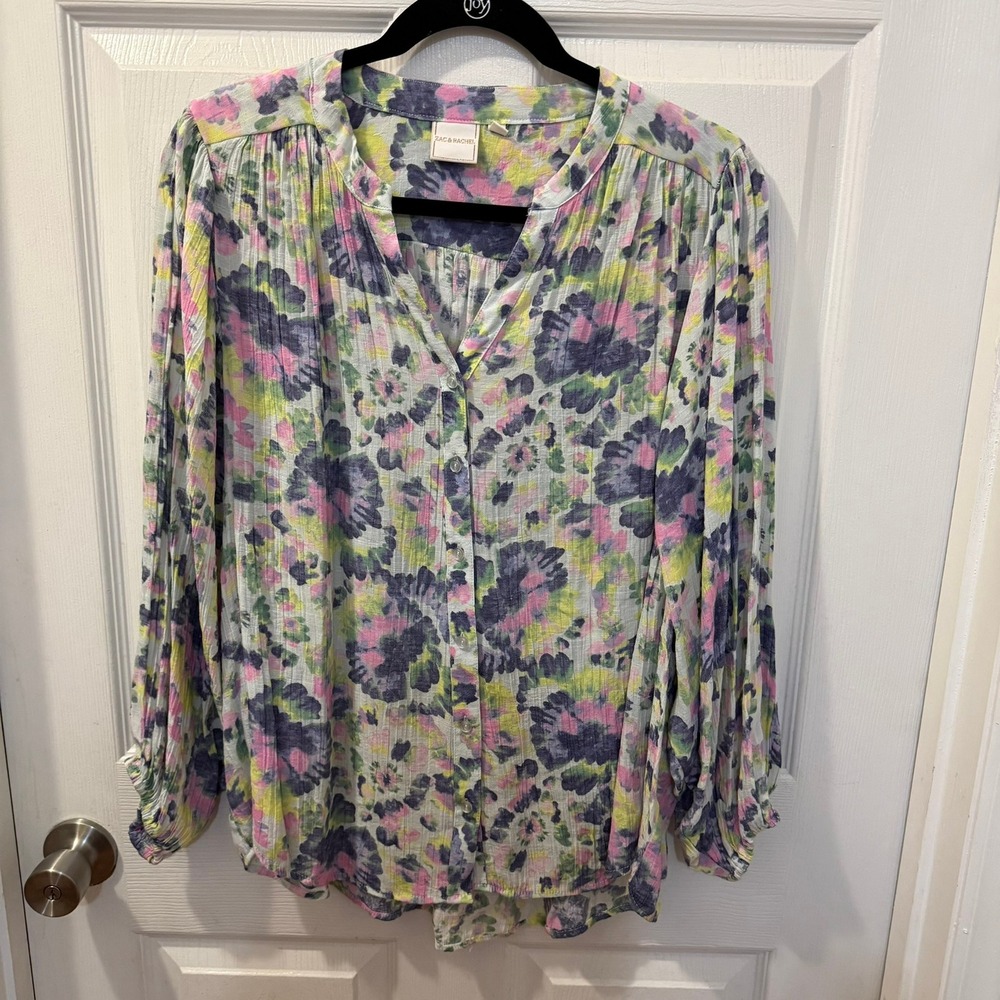 Zac & Rachel Large Floral Watercolor Tie-Dye Button Up Blouse Pink Blue Yellow